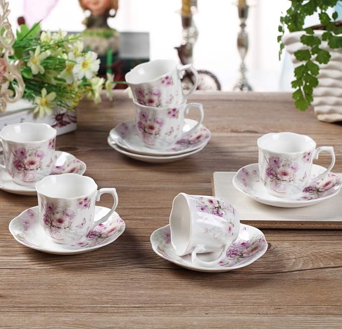 GuangYang 2.5 oz Porcelain Espresso Cups and Saucers Set – Floral Design, Purple Pattern – Gift-Ready, Elegant Mini Coffee Set of 6 for Home or Gifting