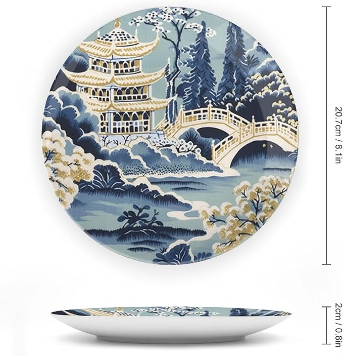 China Plates Blue And White Chinoiserie Pagoda Ming Toile Asian Personalized Decor for Household Home Kitchen Club Chinese Plates Unique Art with Stand, Multi Sizes by Choosing, Gifts for Men Women
