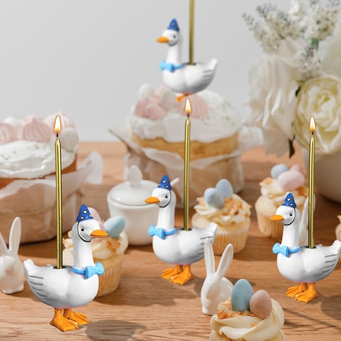 Mumufy Silly Goose Cake Candle Holders with Birthday Candle One Birthday Party Supplies Mini Cute Cake Topper Stand Candlestick for Kids Baby Shower Party Celebration, 3.15 Inch(Goose,Blue)