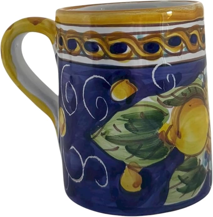 Hand Painted Ceramic Lemon Mug, 8 oz | Italian Style Coffee Cup with Blue Background | Dishwasher Safe, Artisan Ceramic
