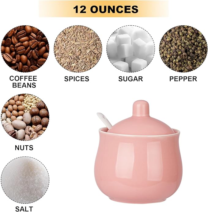 Ceramic Sugar Bowl with Lid and Spoon, Pink Porcelain Sugar Salt Pepper Storage Jar, 12 Ounces