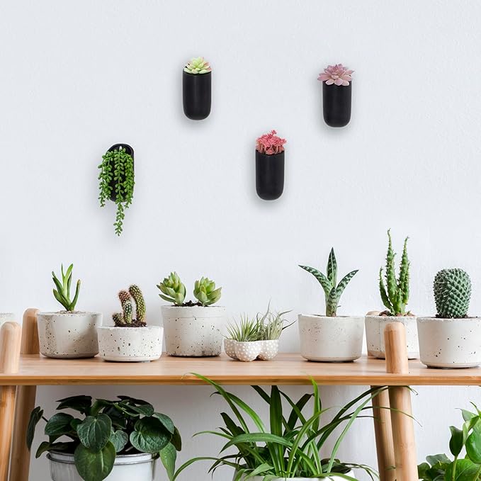 MyGift Set of 4 Mini Matte Black Ceramic Indoor Wall Planter, 6 Inch Cylindrical Wall Mounted Hanging Planter Pot for Succulents, Herbs, String of Pearls