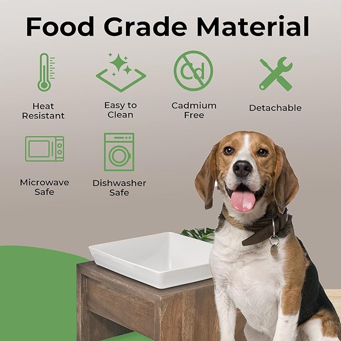 Bowsers Artisan Diner Single Dog Feeder - Handcrafted Rubberwood Frame with Square Ceramic Bowl Feeder for Dogs - Walnut, Medium, 10” x 10” x 6