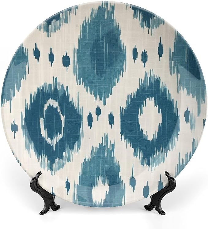 Plates Ceramic Blue Ikat Customize Decor for Club Housewarming Gifts Art Decoration Home Chinese Plates with Display Stand And Hook Up, Multi Sizes by Choosing, Gifts for Men Women