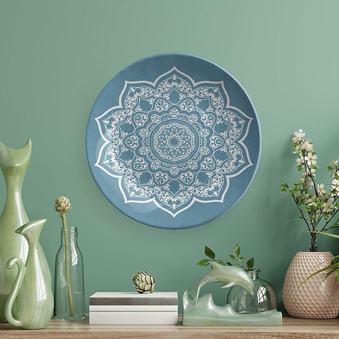XISUNYA 10 Inch Decorative Plate, Lotus Ceramic Stoneware, Cultural Universe Symbol Floral Mandala with Lace Boho Print Ceramic Wall Hanging for Home & Office Wall Hanging Decor, Slate Blue White