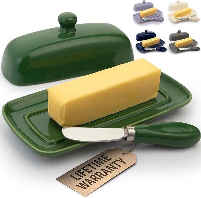 Zulay Butter Dish With Lid For Countertop - Porcelain Jade, Ceramic Butter Dish with Knob Handle Great for Cooking - Elegant Design Butter Holder - Durable & Sturdy Butter Keeper - Jade