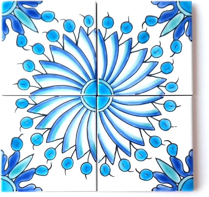 DŸARI Decorative Ceramic Tiles – Hand Painted Indoor & Outdoor Floor Tiles – Spanish Artisan Tile Top Kitchen – Mediterranean Decorative Tiles 4” × 4” – Durable Colorful Floor Tiles – 140 g (Eau V 4)