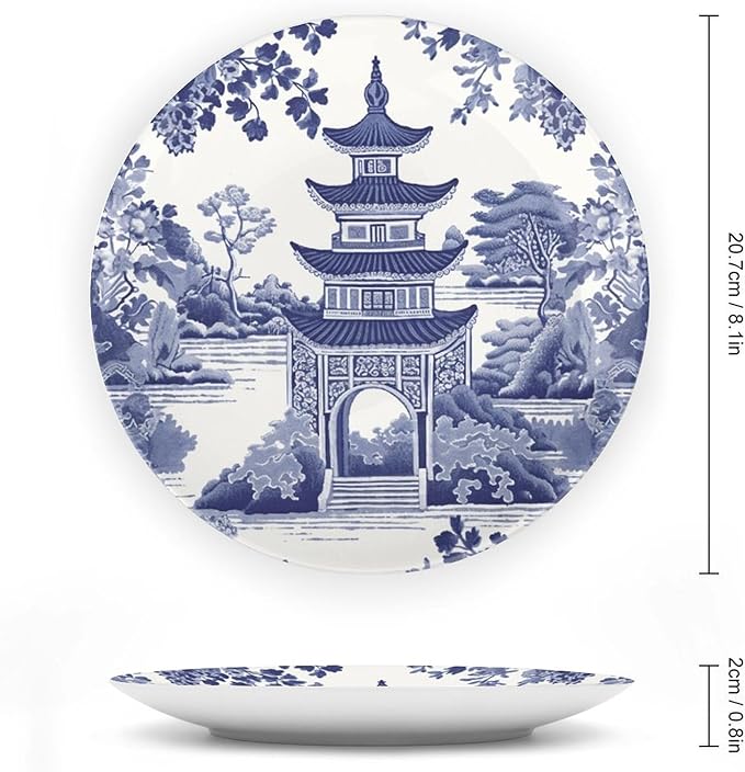 Chinoiserie Blue Asian Pagoda Decorative Plate of 6", 7", 9", 10", Custom Hanging Decorative Tiles, Club Table Decorations Office, with Vertical Stand