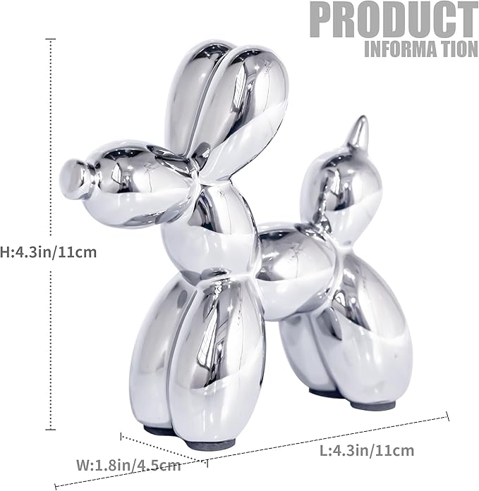 Creative Silver Balloon Dog Statues Small Ceramic Animal Sculpture Modern Home Decor Living Room Desktop Decorations Bedroom Office Cabinet Ornament (Silver)
