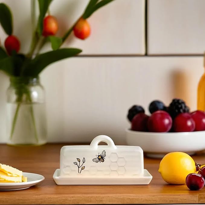 The Bridge Collection Decorative Honey Bee Butter Dish – White Ceramic Honeycomb Pattern With Floral Detail – Farmhouse Style Kitchen Storage For Butter