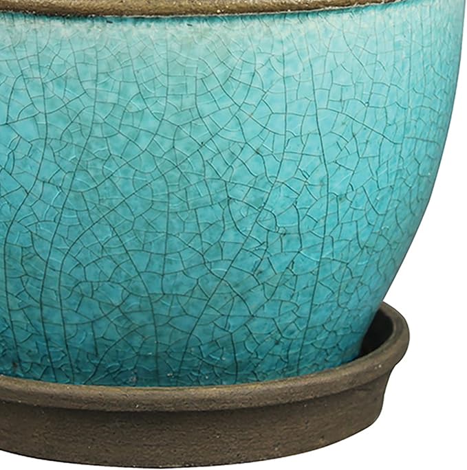 Southern Patio Cadiz 8 Inch Round Crackled Ceramic Indoor or Outdoor Garden Planter Pot with Saucer for Flowers and Plants, Teal (3 Pack)