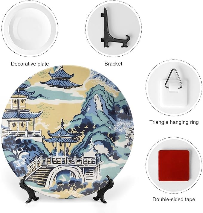 Blue And White Chinoiserie Pagoda Ming Toile Asian Decorative Plate for Display Art Decoration Household Supplies Kitchen Wall Holiday Party Decorations Customize Gifts for Men Women Christmas
