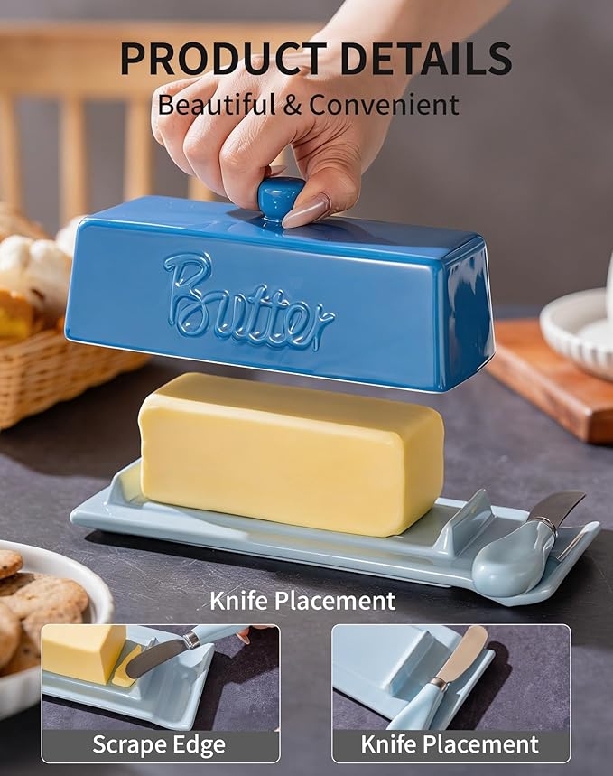 TEATALK Ceramic Butter Dish with Lid and Knife - Large Butter Holder, Farmhouse Style, 8-Inch Porcelain Butter Keeper with Scraper Edge, Blue