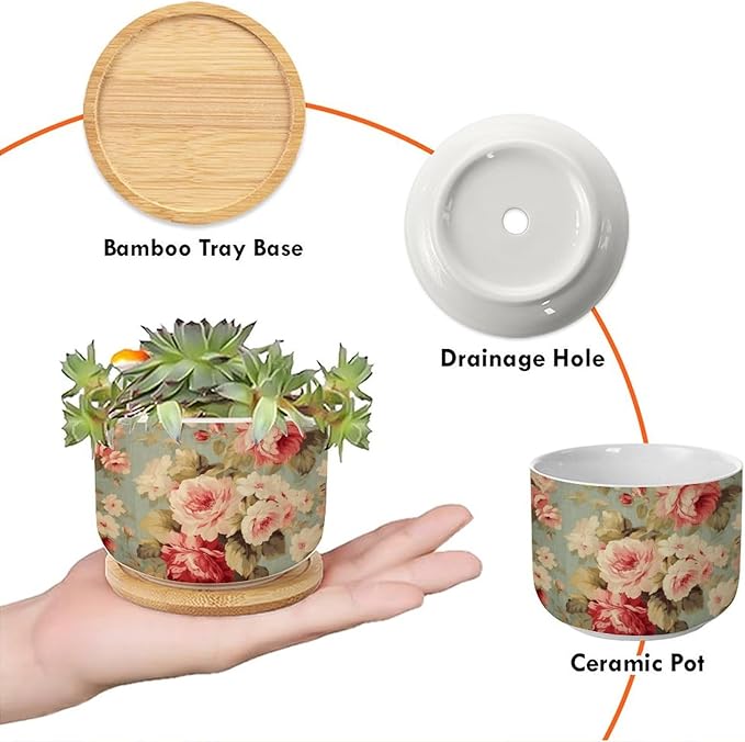 Set of 5 Cottage Chic Antique Pink Flower Small Succulents Pots Pink Cabbage Roses Romantic Ceramics Plant Pot with Drainage Bamboo Trays Oriental Chinoiserie Ceramics Round Planter