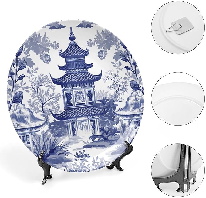 Fashion Plates Chinoiserie Blue Asian Pagoda Custom Decor for Housewarming Gifts Office Wedding Club Porcelain Dessert Plate Set Unique Art with Stand, Multi Sizes by Choosing, Gifts for Men Women