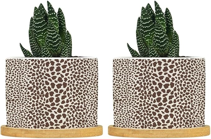 Brown Leopard Print Ceramic Planters African Animal Stripe Planters for Indoor Plants with Drainage Holes and Saucers Pot for Home Office Decoration