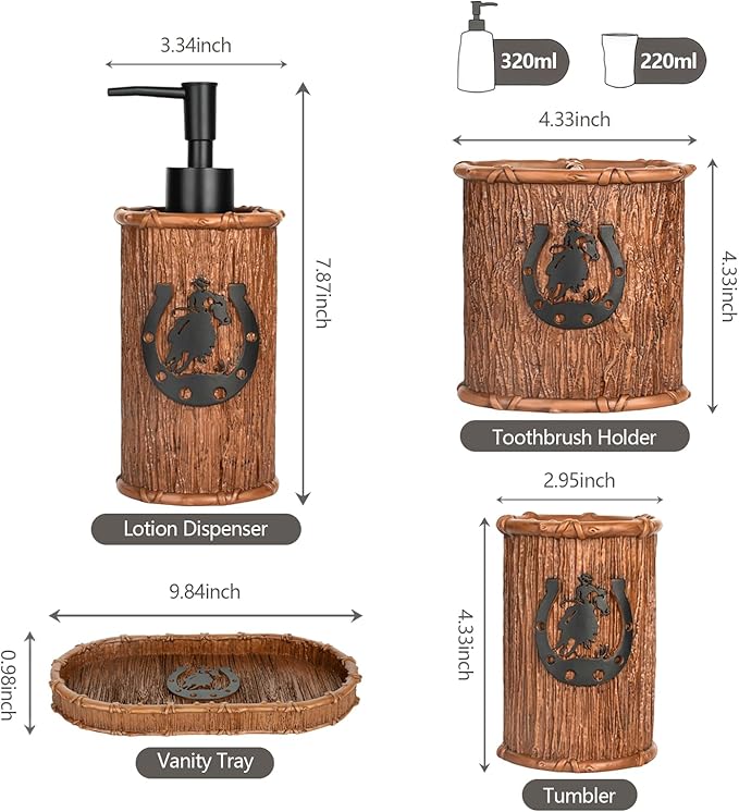 Bathroom Accessory Sets 4PCS Bathroom Accessories Set Complete Western Rustic Horseshoes Decoration Includes Lotion Dispenser Toothbrush Holder Tumbler Cup & Vanity Tray