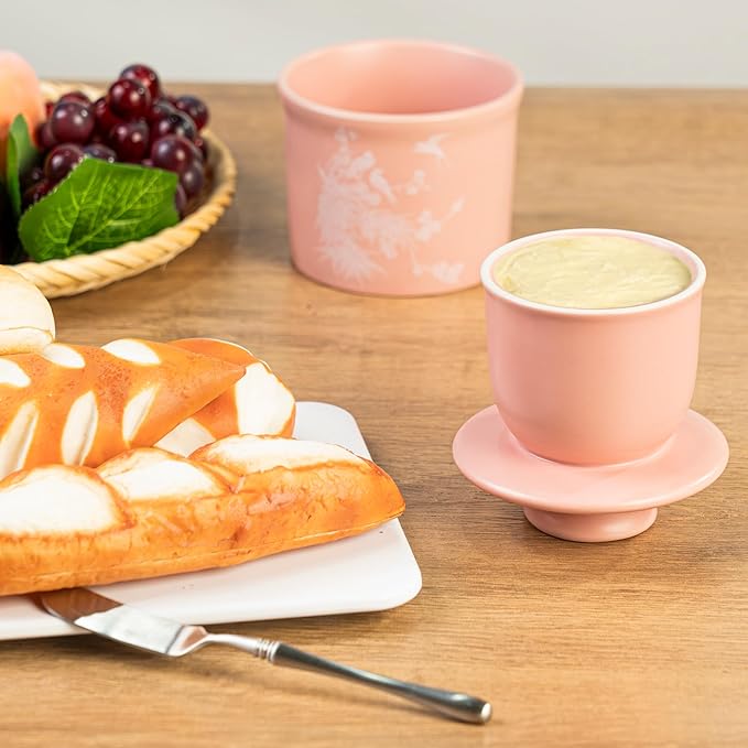Stoneware Butter Crock with Lid, Ceramic Butter Dish with Water Line, Countertop Butter Keeper, Butter Holder for Countertop, Pink