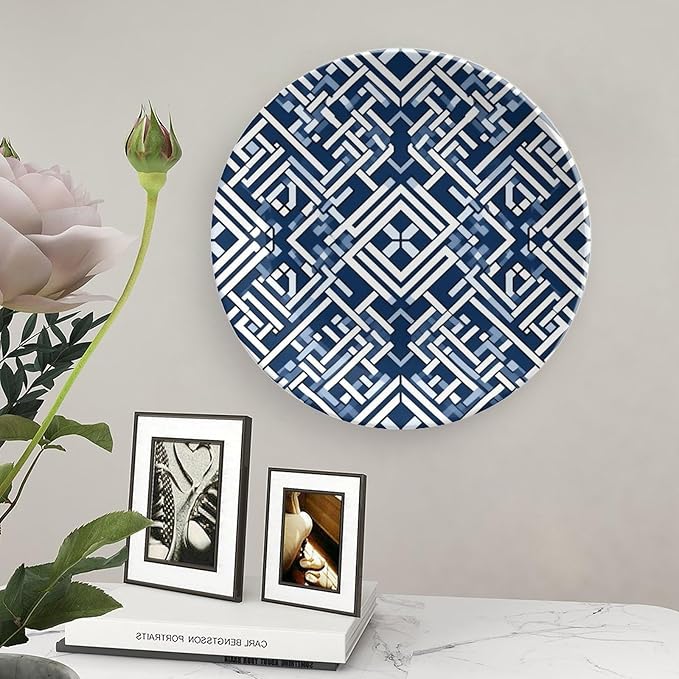 Ceramic Decorative Plate Navy Blue Geometric Customize Decor for Office Festival Art Decoration Home Porcelain Dessert Plate Set with Vertical Stand, Multi Sizes by Choosing, Gifts for Men Women