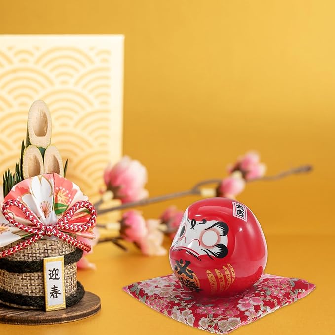 Cabilock Ceramic Tumbler Figurine Japanese Lucky Ornament Red Desktop Decoration Feng Shui Home Accent for Prosperity and Blessing Random Style