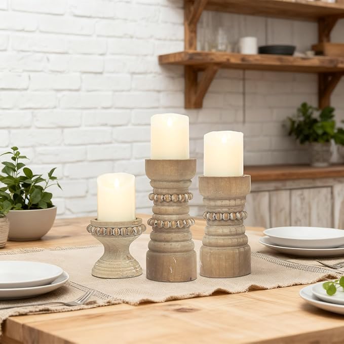 MODE HOME Rustic Natural Wood Candle Holders Set of 3, Farmhouse Beaded Wood Pillar Candle Holder, Candle Holders for Pillar Candles & Candlesticks, Candle Sticks Holder Decor for Table Centerpiece