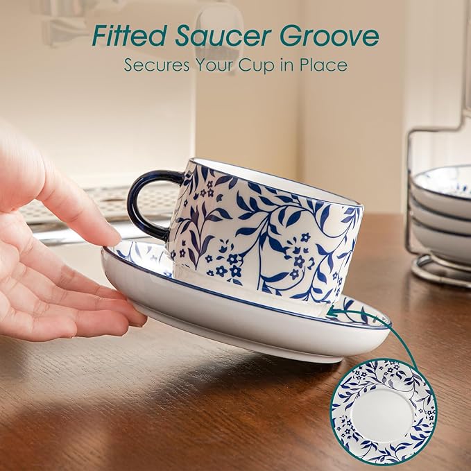 vancasso 8OZ Stackable Cappuccino Cups, Porcelain Espresso Cups with Saucers and Metal Stand Set of 4, Classic Printed Tea Cup Set for Coffee Drinks, Latte, Series SELENE (Vintage Blue, 8 Ounce)