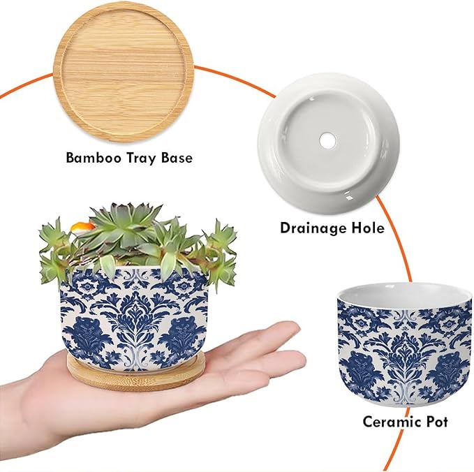 Blue Regalia Lion Ceramics Pots for Plants Set of 1 Indigo Blue Flower Lion Asian Succulents Plants Live with Pot with Drainage Bamboo Trays Chinoiserie Asian Small Ceramics Plant Pot