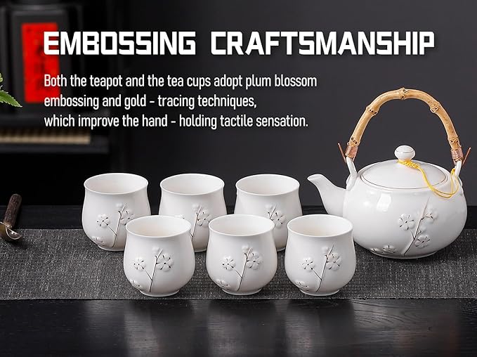 Japanese Tea Set, White Porcelain tea set with 1 Teapot(23 oz/660ml), 6 Tea cups(5.3 oz/150ml), 1 Tea Tray, Golden plum blossom relief, Asian tea sets for adults (Golden plum-White)