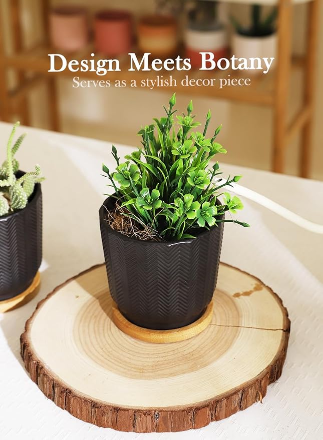 OMAYKEY 4.5 Inch Plant Pots with Saucer, Ceramic Black Planters Pots with Drainage Hole and Mesh Pads for Succulent, Cactus, Herbs - 4 Packs(Plant Not Included)