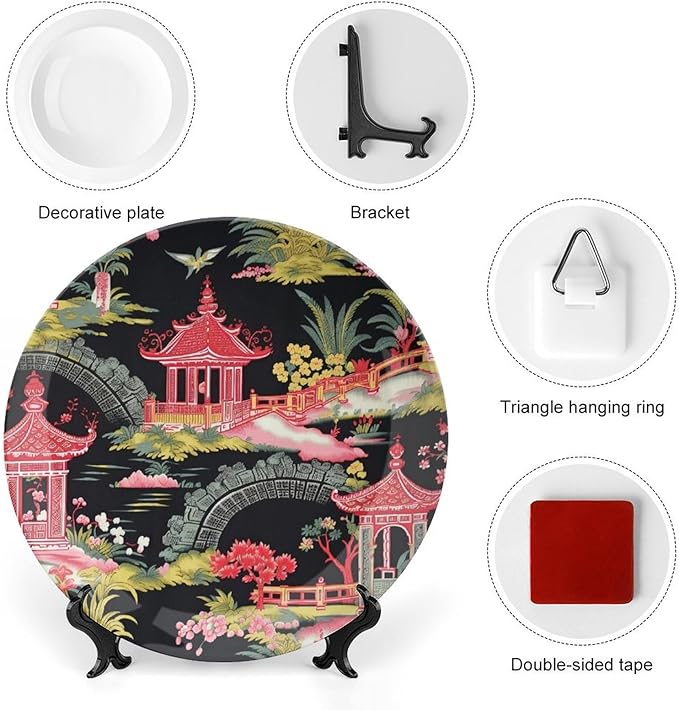Chinoiserie Charcoal Coral Pagoda Asian Ceramic Decorative Plate, Personalized Ancient China Chinoiserie Pagoda Ceramic Display Plate, Festival Household Decorations Office, Unique Art with Stand