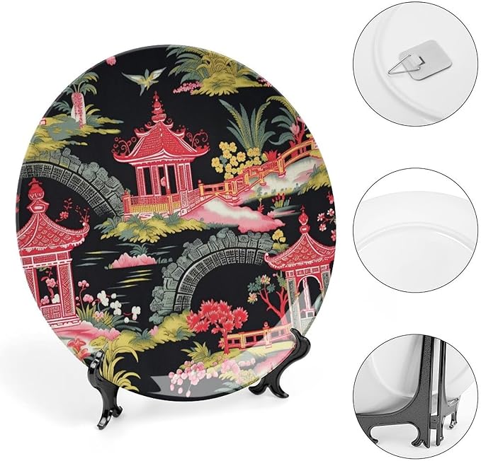 Chinoiserie Charcoal Coral Pagoda Asian Ceramic Decorative Plate, Personalized Ancient China Chinoiserie Pagoda Ceramic Display Plate, Festival Household Decorations Office, Unique Art with Stand