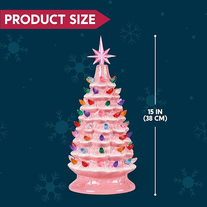 Joiedomi 15" Ceramic Christmas Tree, Table Top Christmas Decor with Star Topper, Vintage Pre-lit Xmas Tree with Multicolored LED Lights, Battery Operated Hand-Painted Xmas Decorations Indoor Home