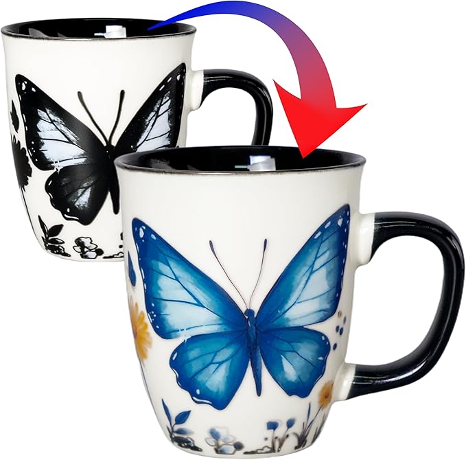 16 oz Butterfly Mug - Color Changing Ceramic Tea Cup for Women - Heat Sensitive Novelty Gift for Butterfly Lovers