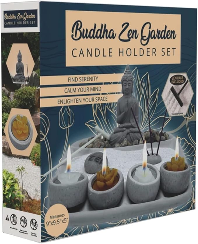 Buddha Zen Garden Candle Holder Set, Tabletop Meditation Kit with Incense Holder, Decorative Rocks and Sand