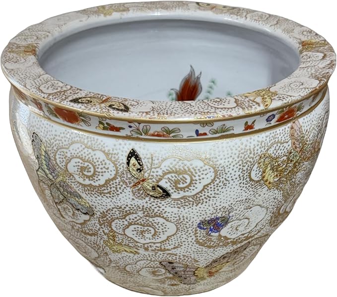 New 10" Diameter Oriental Colorful Butterfly ButterfliesThemed Fish Bowl Jardiniere Planter Plant Pot with Heavy Duty Acrylic Oriental Stand