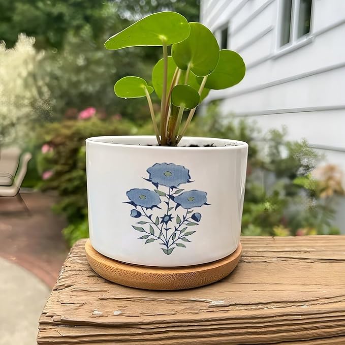 DreamAutumn Blue Flower Ceramic Pots for Plants with Drainage Holes Round Flower Pot Bamboo Tray Orchid Pot Succulents Pots for Outdoor Indoor Plants,Housewarming Gifts