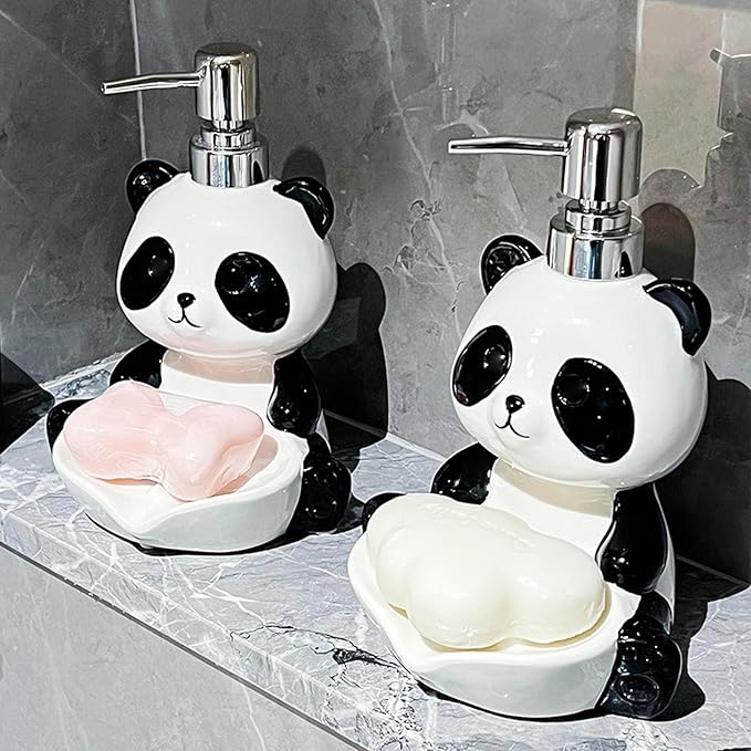 Ceramic Soap Dispenser 12 Oz Cute Panda Shape Lotion Hand Pump Dispensers with Soap Holder for Bathroom Kitchen