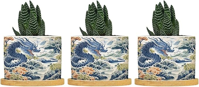 Trend Dragon and Print Ceramic Planters Chinoiserie Asian Inspired Flower Pots for Indoor Plants with Drainage Holes and Saucers Pot for Home Desktop Office Windowsill