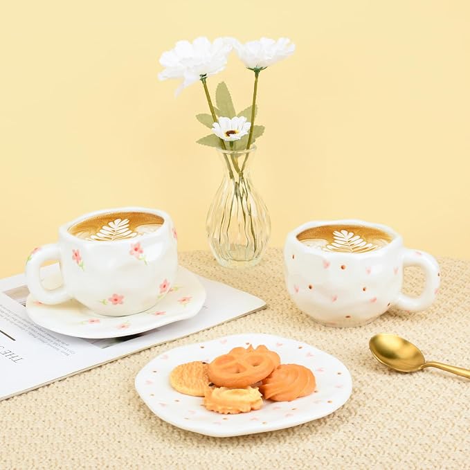 Koythin Ceramic Coffee Mug with Saucer Set, Cute Pink Small Flower Cup Unique for Office and Home, 10 oz/300 ml for Latte Tea Milk