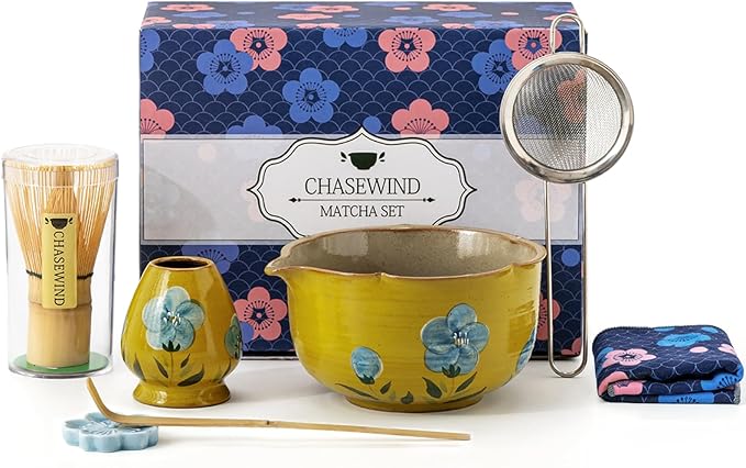 Matcha Whisk Set, 7Pcs Matcha Set with Hand-Painted Ceramic Matcha Bowl, Matcha Whisk and Holder, Scoop and Rest, Sifter, Tea Towel, Artisan Matcha Kit for Ceremony & Gifting (Yellow)