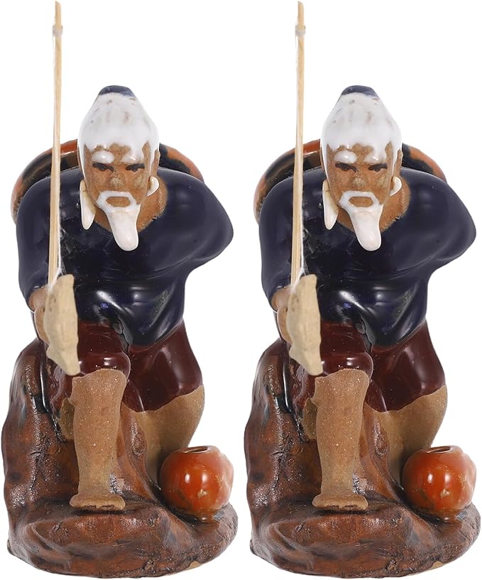 Mini Fisherman Sculpture 2pcs Ceramic Feng Shui Figurines for Bonsai Garden Aquarium Decoration Asian Fishing Statue for Desktop Micro Landscape