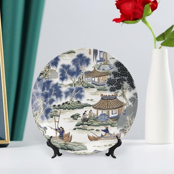 Asian Scenic in Blue And Kelly Green Chinoiserie Decorative Plate of 6", 7", 9", 10", Personalized Ceramic Display Plate, Wedding Kitchen Decorations Table, Including Bracket And Special Hook