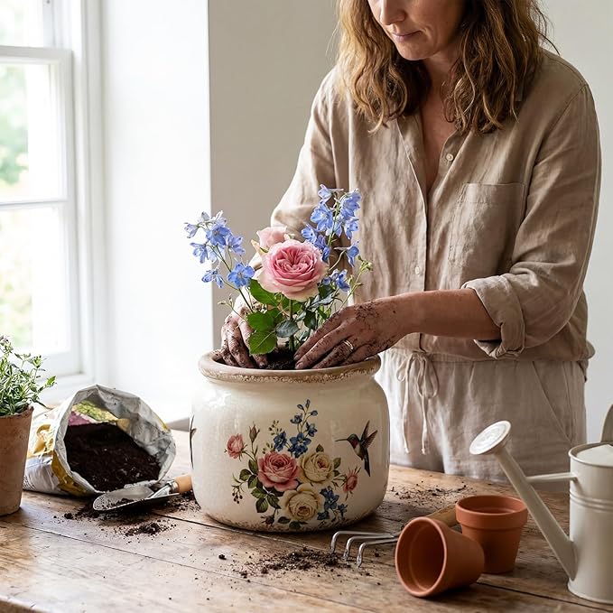 7.7″ Large Vintage Ceramic Plant Pot with Hummingbird Bloom Pattern Cream White Rustic Planter with Ice Crackle Glaze & Drainage Hole for Indoor Outdoor Plants Home Kitchen Office Decor Gift