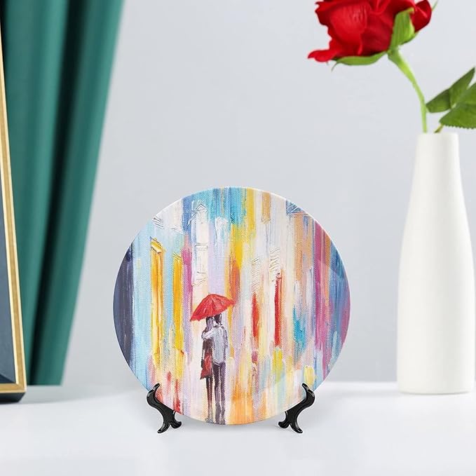 XISUNYA 7 Inch Decorative Plate, Love Decor Round Porcelain,Love Couple in Street Rainy Day Romance Print Ornament Display Plate Decor Accessory for Dining, Parties, Wedding