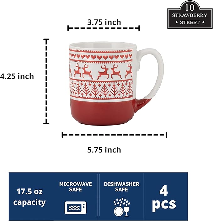 10 Strawberry Street Embossed Reindeer Ceramic Mug, Set of 4 (Red), S4MUG-XMAS