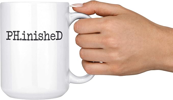 Artisan Owl PH.inished Funny PhD Graduation Mug - 15 oz Large Ceramic Coffee Cup Gifts for PhD Students, Researchers, and Doctoral Graduates