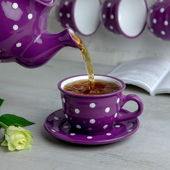 City to Cottage Handmade Purple and White Polka Dot Large Ceramic 12oz/350ml Cappuccino Coffee Tea Cup and Saucer, Unique Designer Pottery for Tea Lovers