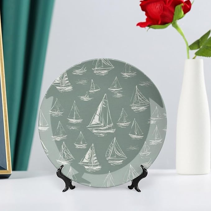 Personalized Gifts Plates Ceramic, Sail Boats Nautical Teal Dinner Plates Table Including Bracket And Special Hook, Antique Decor for Wedding Art Decoration Festival, 6", 7", 8", 10"