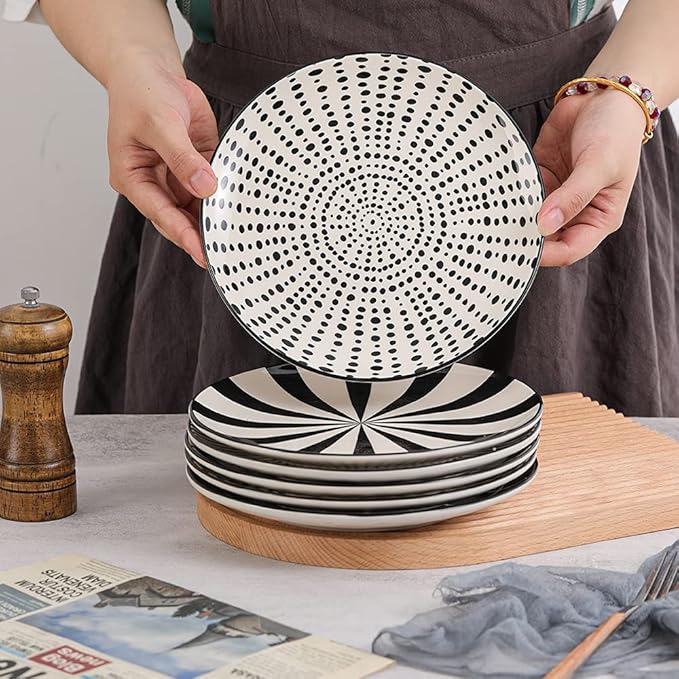 Ceramic Dessert Plates 8 Inch - Salad Appetizer Plate Set of 6 - Modern Japanese Style - Dishwasher and Microwave Safe - Black and White