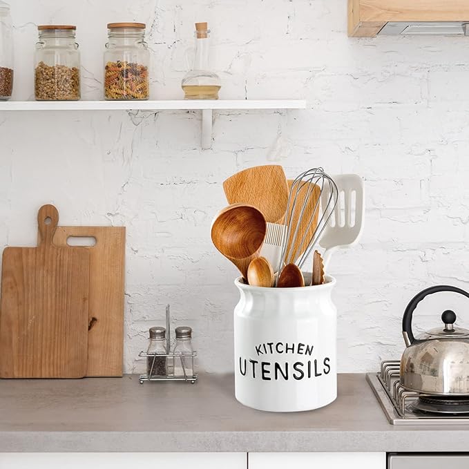 Utensil Holder, Ceramic Farmhouse Kitchen Utensil Holder for Kitchen Counter, 6.5" Large Cooking Utensil Crock for Countertop, White